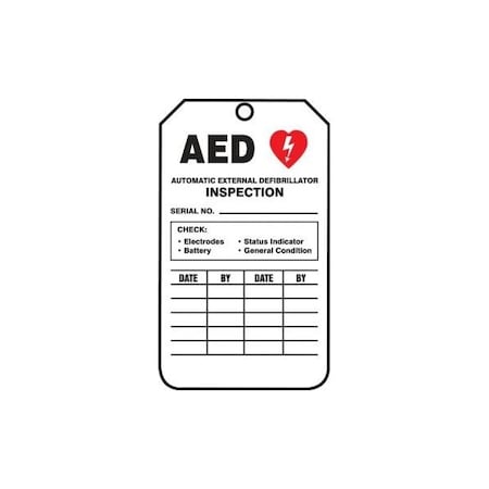 Accuform Safety Tags, AUTOMATIC EXTERNAL DEFIBRILLATOR INSPECTION, 8.5inx 3.875in, PF-Cardstock, 25PK TRS302CTP